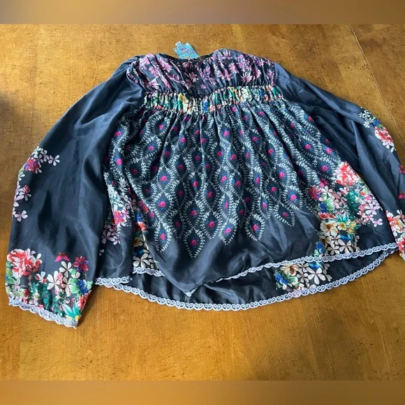 Johnny Was Martel Tassel-Tie Printed Silk Top xs small kimono black colorful - Picture 5 of 10